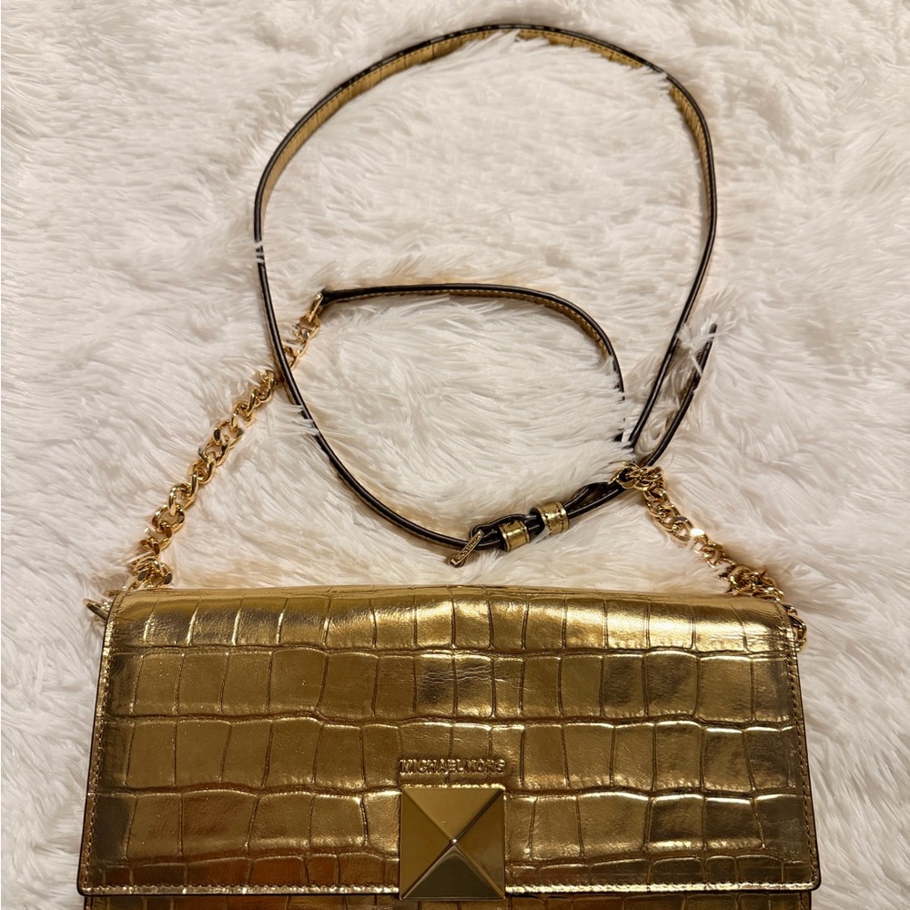 Michael Kors Metallic Gold Croc-Embossed Crossbody Bag - Picture 3 of 10